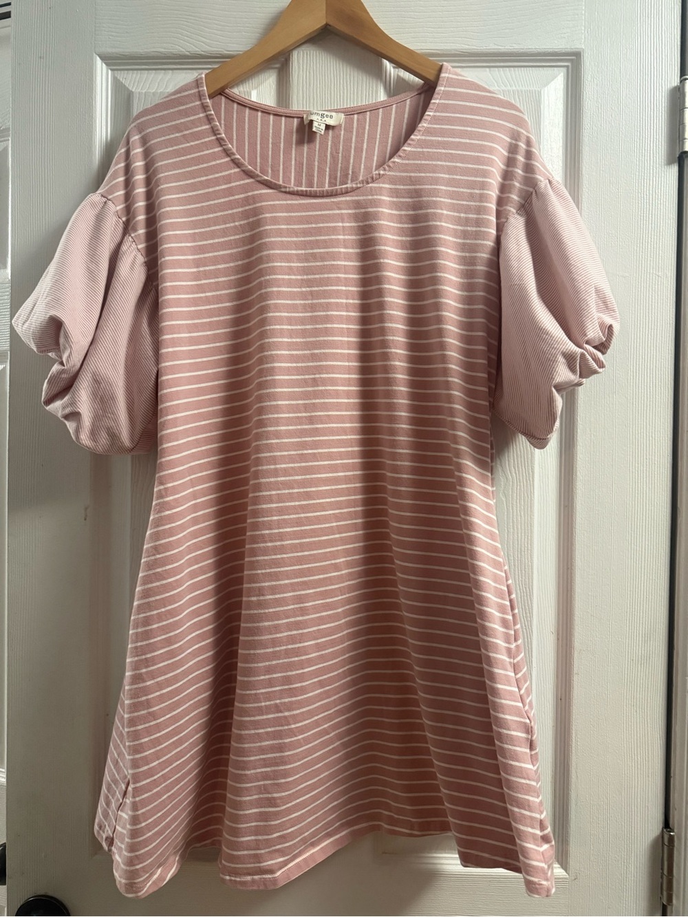 Umgee Pink White Stripe Mini Dress Short Puff Sleeves Round Neck Medium - Picture 1 of 8